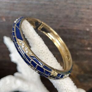 Royal Blue Enamels Geometric Pattern Accented with Clear Crystals in Gold Hinged